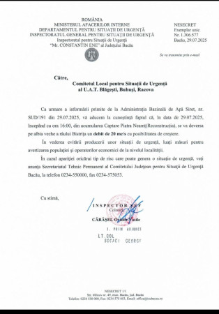 Avertizare deversare pe albia veche a râului Bistrița un debit de 20mc/s cu posibilitatea de creștere 