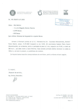 Avertizare deversare din Acumularea Piatra Neamț astăzi 31.07.2025 ora 12