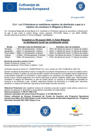 Zonele cu lucrări la rețeaua de apă ce vor continua începând cu data de 6 august