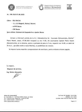 Avertizare deversare pe albia veche a râului Bistrița 