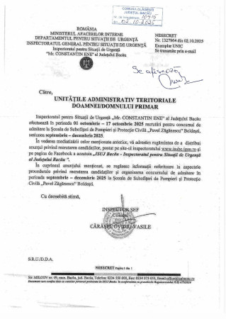 Recrutări pentru concursul de admitere la Școala de Subofițeri de Pompieri și protecție civilă