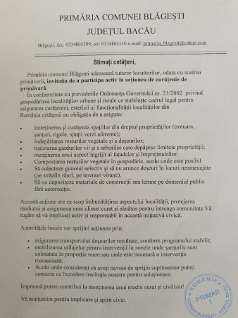Invitație către cetățeni, de a participa la acțiunea civică de curățenie de primăvară 