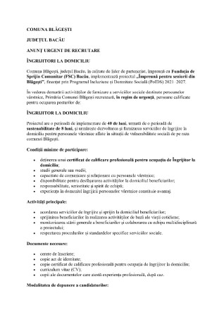 ANUNȚ DE RECRUTARE ÎNGRIJITORI LA DOMICILIU